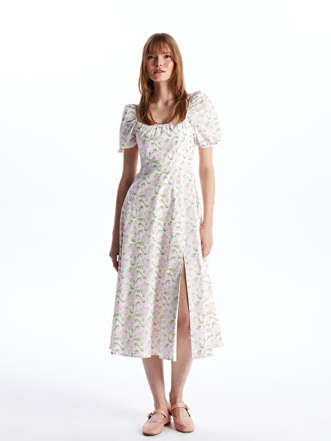 XSIDE Kare Yaka Desenli Kısa Kollu Kadın Elbise