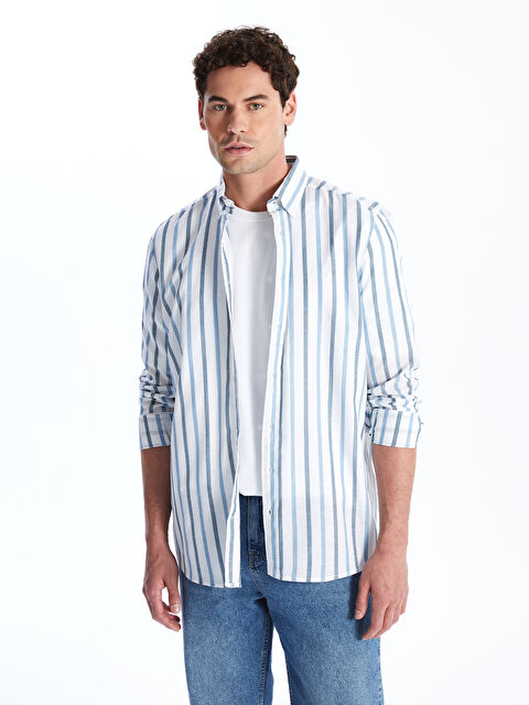 SOUTHBLUE Regular Fit Long Sleeve Striped Linen Blend Men's Shirt - S49265Z8-LEN
