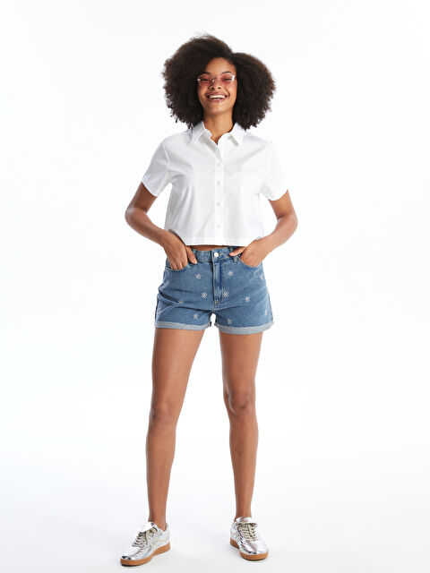 XSIDE Yüksek Bel Standart Fit Nakışlı Kadın Jean Şort - S49602Z8-VYD