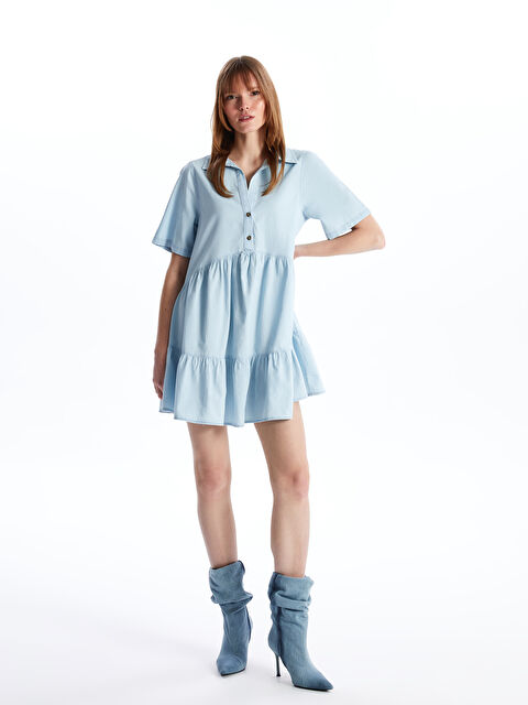 XSIDE Collared Neck Plain Short Sleeve Women's Denim Dress - S49917Z8-K9M