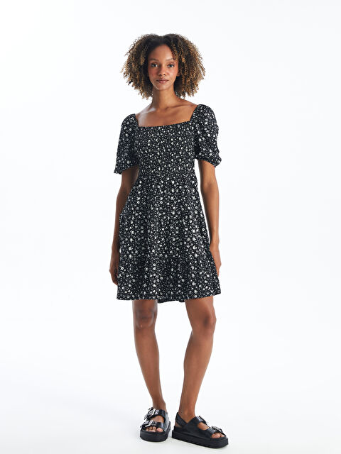 XSIDE Kare Yaka Desenli Kısa Kollu Kadın Elbise - S4AE32Z8-LQJ