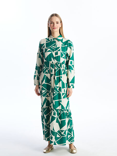 LCW Modest Collared Neck Patterned Long Sleeve Women's Dress - S4AJ04Z8-LRR