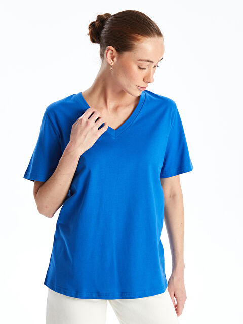 LCWAIKIKI Basic V Yaka Düz Kısa Kollu Kadın Tişört