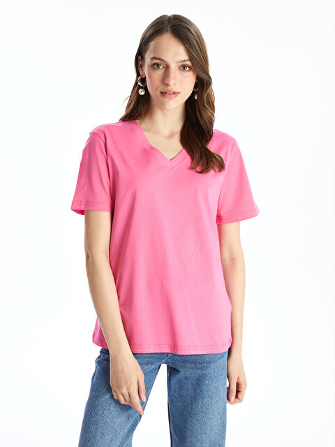 LCWAIKIKI Basic V Yaka Düz Kısa Kollu Kadın Tişört - S4AJ06Z8-R0J