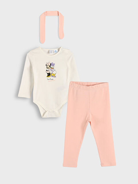 LCW baby Minnie Mouse Printed Baby Girls' Bodysuit, Leggings, and Hairband 3-Piece Set - S4AJ74Z1-FDU