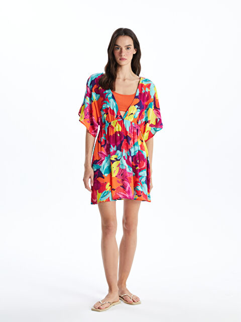 LCW DREAM V Yaka Çiçekli Kısa Kollu Kadın Plaj Elbisesi - S4AT16Z8-F9C