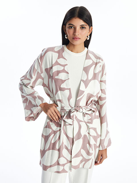 LCW Modest Şal Yaka Desenli Uzun Kollu Oversize Keten Karışımlı Kadın Kimono - S4AV30Z8-LT8