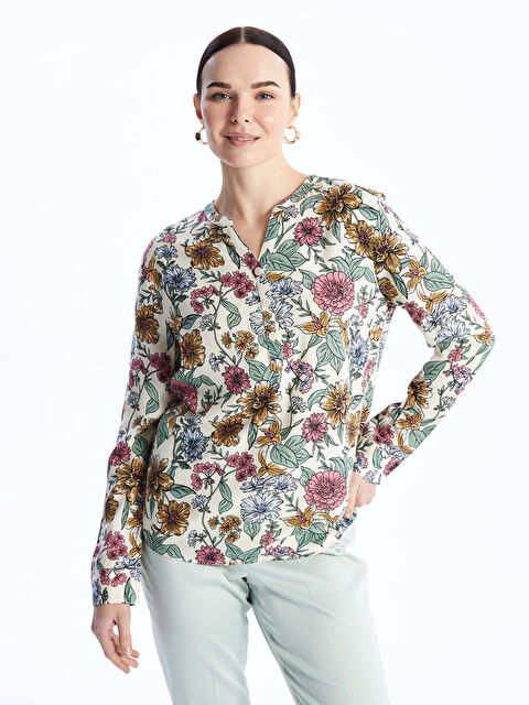 LCW Grace Блуза с деколте с прорез и цветен принт с дълъг ръкав за жени - S4AV47Z8-LRA