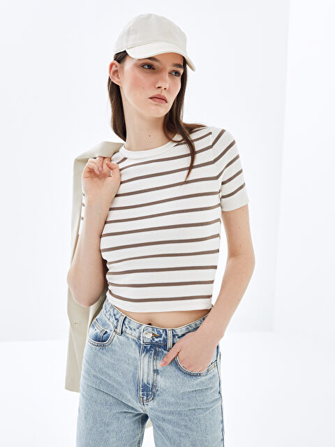 LCW Vision Bisiklet Yaka Çizgili Kısa Kollu Kadın Triko Kazak - S4AY74Z8-LEW