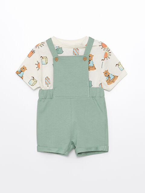 LCW baby Crew Neck Short Sleeve Baby Boys' T-Shirt and Dungarees 2 Pack Set - S4BC11Z1-GKG