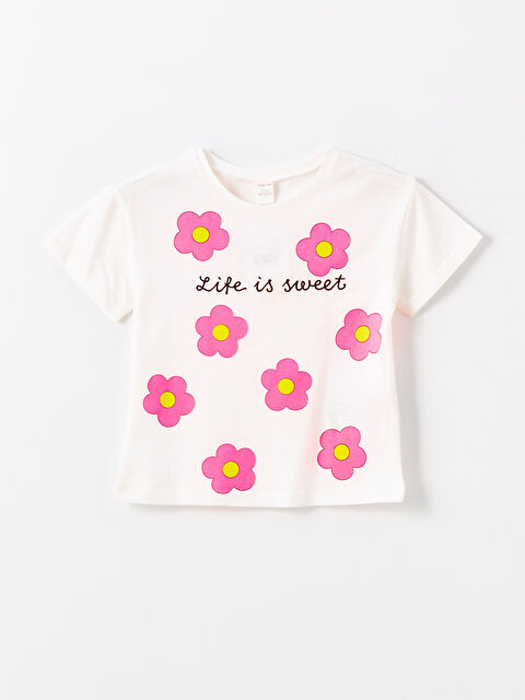 LCW Kids Bisiklet Yaka Çiçekli Kısa Kollu Kız Bebek Tişört - S4BP65Z1-R9J