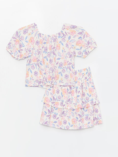 LCW Kids Boat Neck Floral Short Sleeve Girl's Blouse and Skirt - S4CD87Z4-LRA