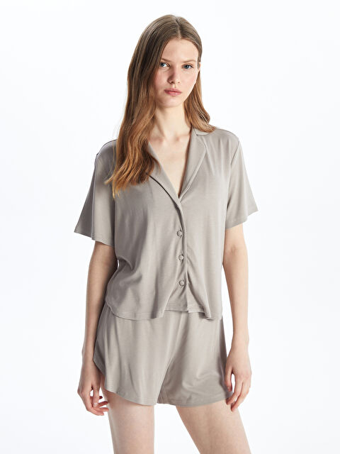LCW DREAM Gömlek Yaka Düz Kısa Kollu Kadın Şortlu Pijama Takımı - S4CH10Z8-GRC