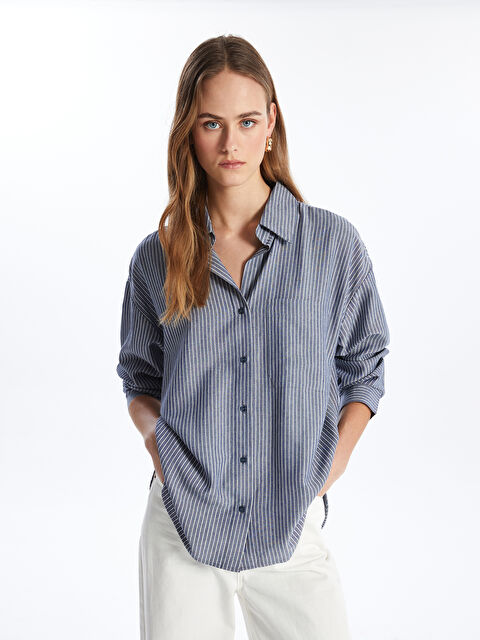 LCW Vision Çizgili Uzun Kollu Oversize Keten Karışımlı Kadın Gömlek - S4DC09Z8-LEN