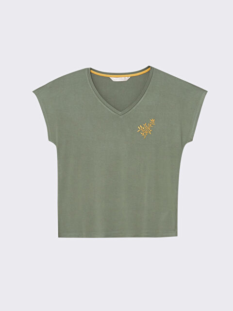 LCW DREAM Bisiklet Yaka Nakışlı Kısa Kollu Kadın Pijama Üst - S4DF79Z8-GX7