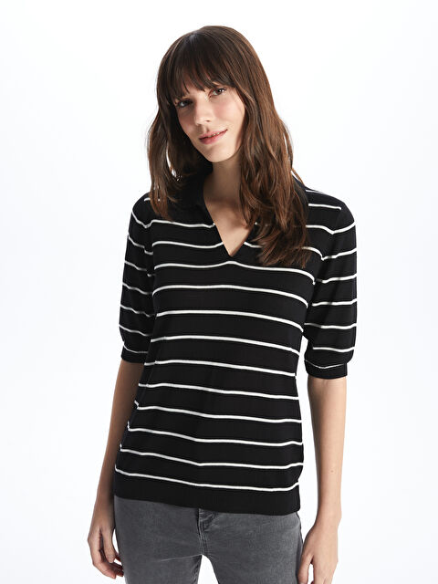 LCWAIKIKI Basic Polo Yaka Çizgili Kısa Kollu Kadın Triko Kazak - S4DL80Z8-LEG