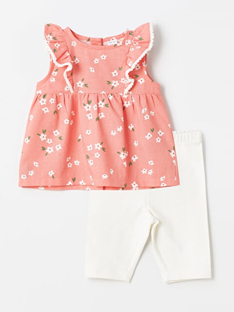 LCW baby Crew Neck Floral Baby Girl Blouse and Tights 2-Piece Set - S4DT84Z1-LT4