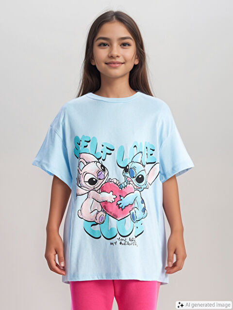 LCW Kids Bisiklet Yaka Lilo ve Stitch Baskılı Kısa Kollu Kız Çocuk Tişört - S4EA89Z4-FND