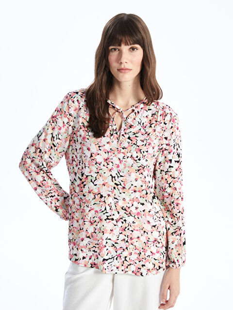 LCWAIKIKI Classic Tie Neck Patterned Long Sleeve Women's Blouse - S4EB46Z8-LSR