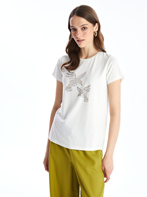 LCWAIKIKI Basic Crew Neck Rhinestone Embellished Short Sleeve Women's T-Shirt - S4EM77Z8-FEW