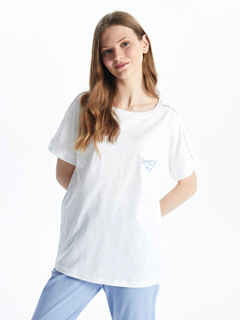 LCW DREAM Bisiklet Yaka Nakışlı Kısa Kollu Kadın Pijama Takımı - S4EN12Z8-GDB