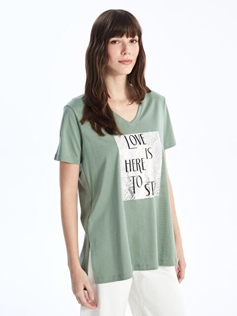 LCWAIKIKI Basic V-Neck Printed Short Sleeve Women's T-Shirt - S4EN56Z8-GX7