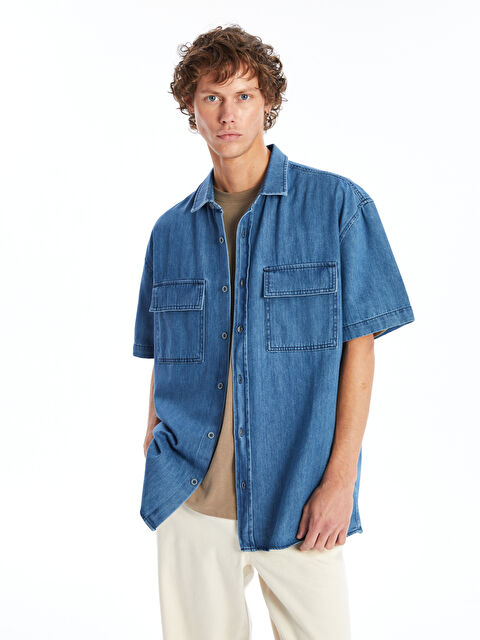 LCW Jeans قميص جينز كم قصير واسع للرجال - S4EQ88Z8-563