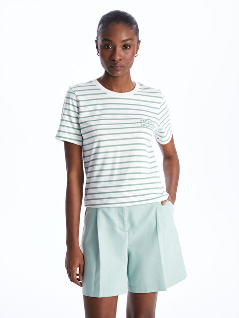 LCW Vision تيشيرت نسائي بياقة دائرية مخطط كم قصير - S4FE49Z8-LFT