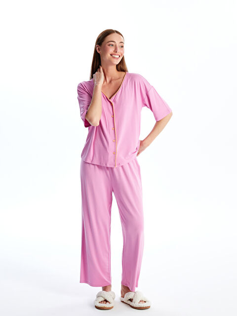 LCW DREAM طقم بيجاما نسائي بفتحة رقبة على شكل حرف V - S4FF56Z8-GDZ