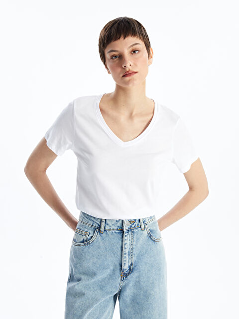 LCW Vision әйелдерге арналған v жағалы өрнексіз қысқа жең футболка - S4FJ38Z8-Q6K