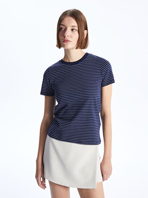 LCW Vision Тениска с кръгло деколте, раирана, с къс ръкав за жени - S4FJ59Z8-LGS