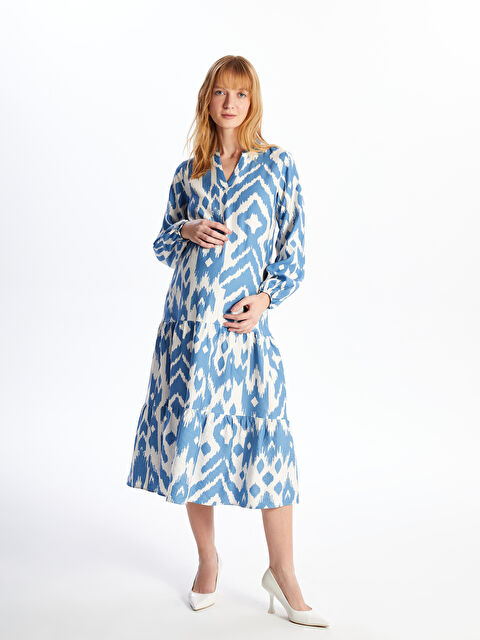 LCWAIKIKI Maternity Kaçık Yaka Desenli Uzun Kollu Hamile Elbise - S4FV38Z8-LS3