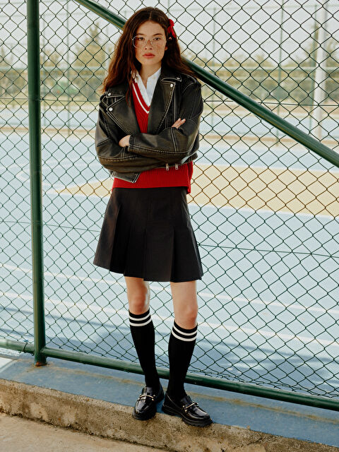 XSIDE Kadın Biker Yaka Düz Deri Görünümlü Mont - S4G366Z8-CVL