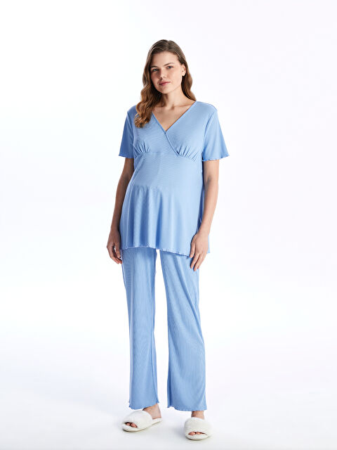 LCW DREAM V Yaka Düz Kısa Kollu Hamile Pijama Takımı