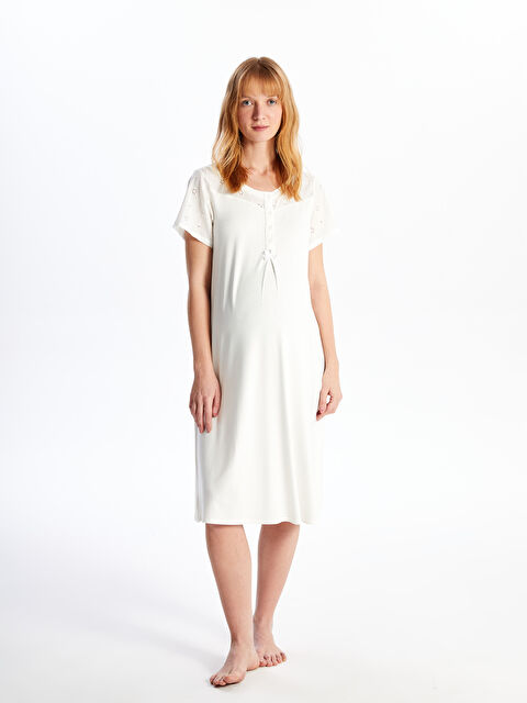 LCW DREAM Bisiklet Yaka Kendinden Desenli Kısa Kollu Hamile Gecelik - S4G517Z8-EEW