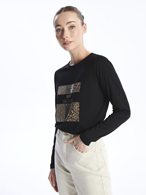 LCWAIKIKI Basic Crew Neck Printed Long Sleeve Women's T-Shirt - S4G525Z8-CVL