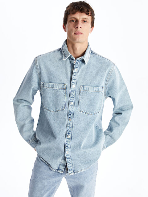 LCW Jeans Regular Fit Uzun Kollu Erkek Jean Gömlek Ceket