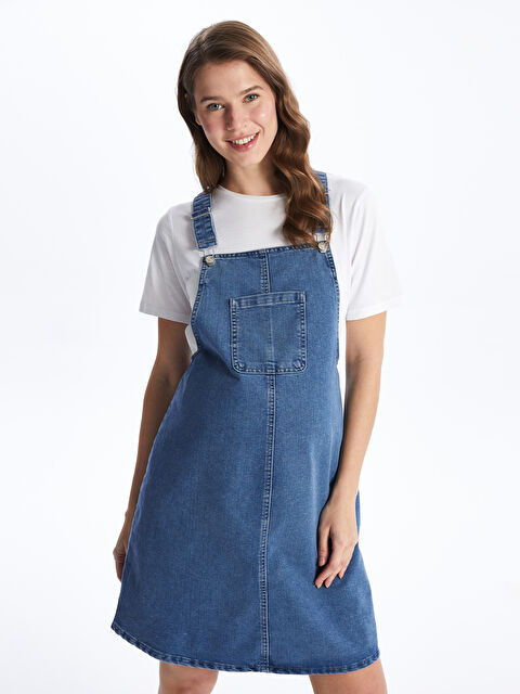 LCWAIKIKI Maternity Kare Yaka Düz Askılı Hamile Jean Salopet Elbise - S4G560Z8-507