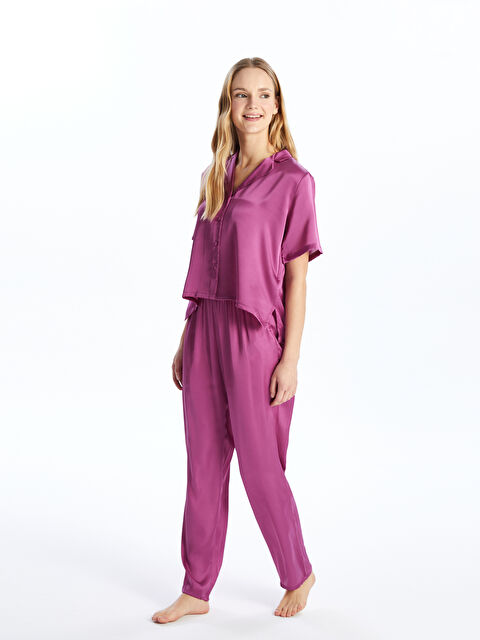 LCW DREAM Shirt Collar Plain Short Sleeve Satin Women's Pyjamas Set - S4G702Z8-H2Y