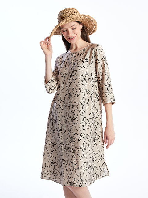 LCW Grace Bisiklet Yaka Çiçekli Keten Görünümlü Kadın Elbise