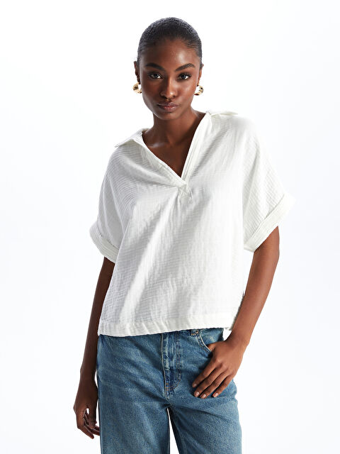 LCW Vision Polo Neck Plain Short Sleeve Oversize Women's Blouse - S4GD53Z8-R9J