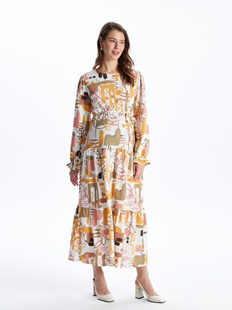 LCWAIKIKI Maternity Bisiklet Yaka Desenli Uzun Kollu Hamile Elbise - S4GH38Z8-LR8