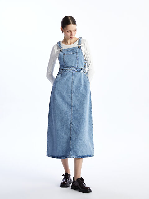 LCW Modest Kare Yaka Düz Askılı Kadın Jean Elbise - S4GP05Z8-507