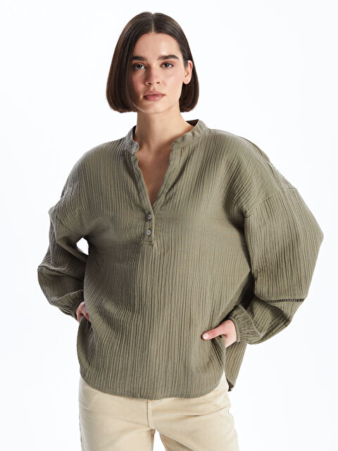 LCW Vision بلوزة نسائية واسعة الحجم بأكمام طويلة وياقة مقصوصة سادة - S4GQ39Z8-HDA