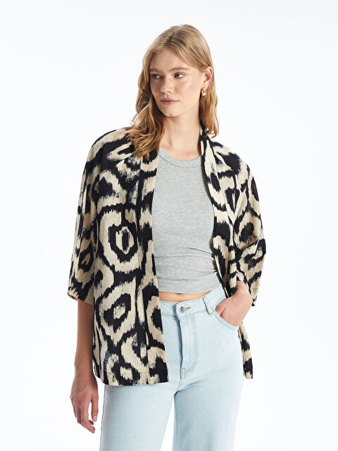 LCW Vision Şal Yaka Desenli Oversize Keten Karışımlı Kadın Kimono - S4GR65Z8-LQJ