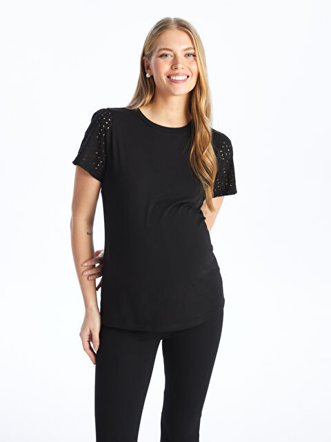 LCWAIKIKI Maternity Bisiklet Yaka Kendinden Desenli Kısa Kollu Hamile Tişört - S4H113Z8-CVL