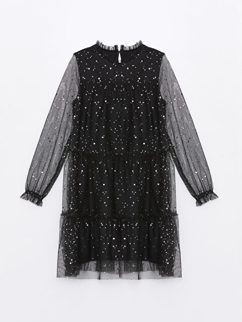 LCW Kids Dik Yaka Baskılı Kız Çocuk Tül Elbise