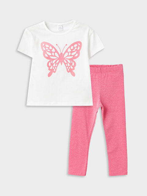 LCW Kids Crew Neck Short Sleeve Printed Baby Girl T-Shirt and Tights Set of 2 - S4H380Z1-R9J