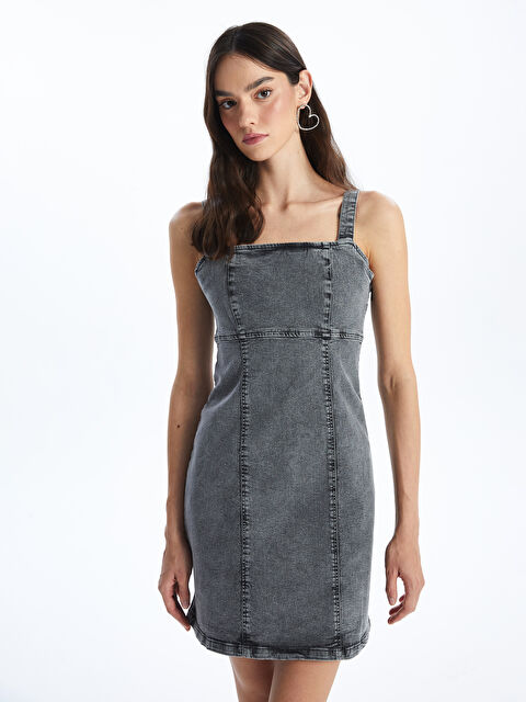 XSIDE Kare Yaka Askılı Mini Jean Elbise - S4H381Z8-YAN