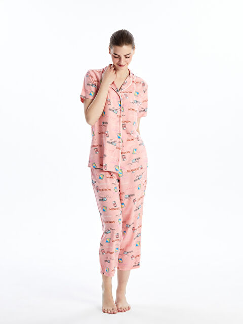 LCW DREAM Gömlek Yaka Desenli Kısa Kollu Kadın Kaprili Pijama Takımı - S4H867Z8-LT4